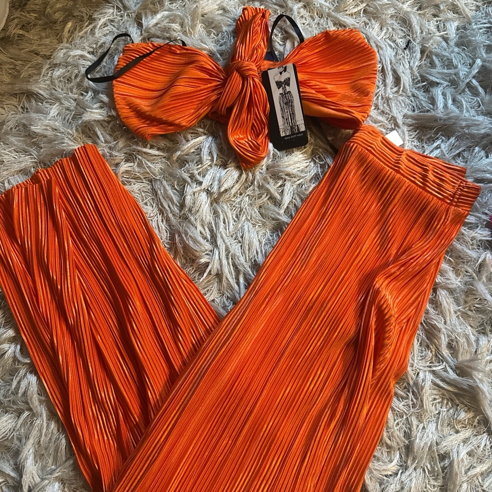 Orange Pleated Wide-Leg Jumpsuit Pants & Top Set